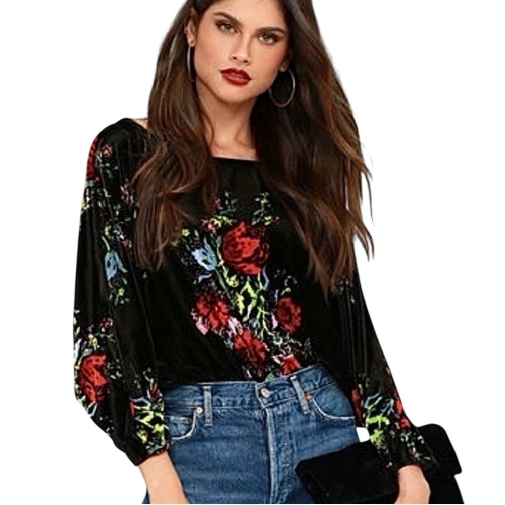 Free People Black Velvet Floral Long Sleeve Stretch Bodysuit Sz L Romantic Boho
